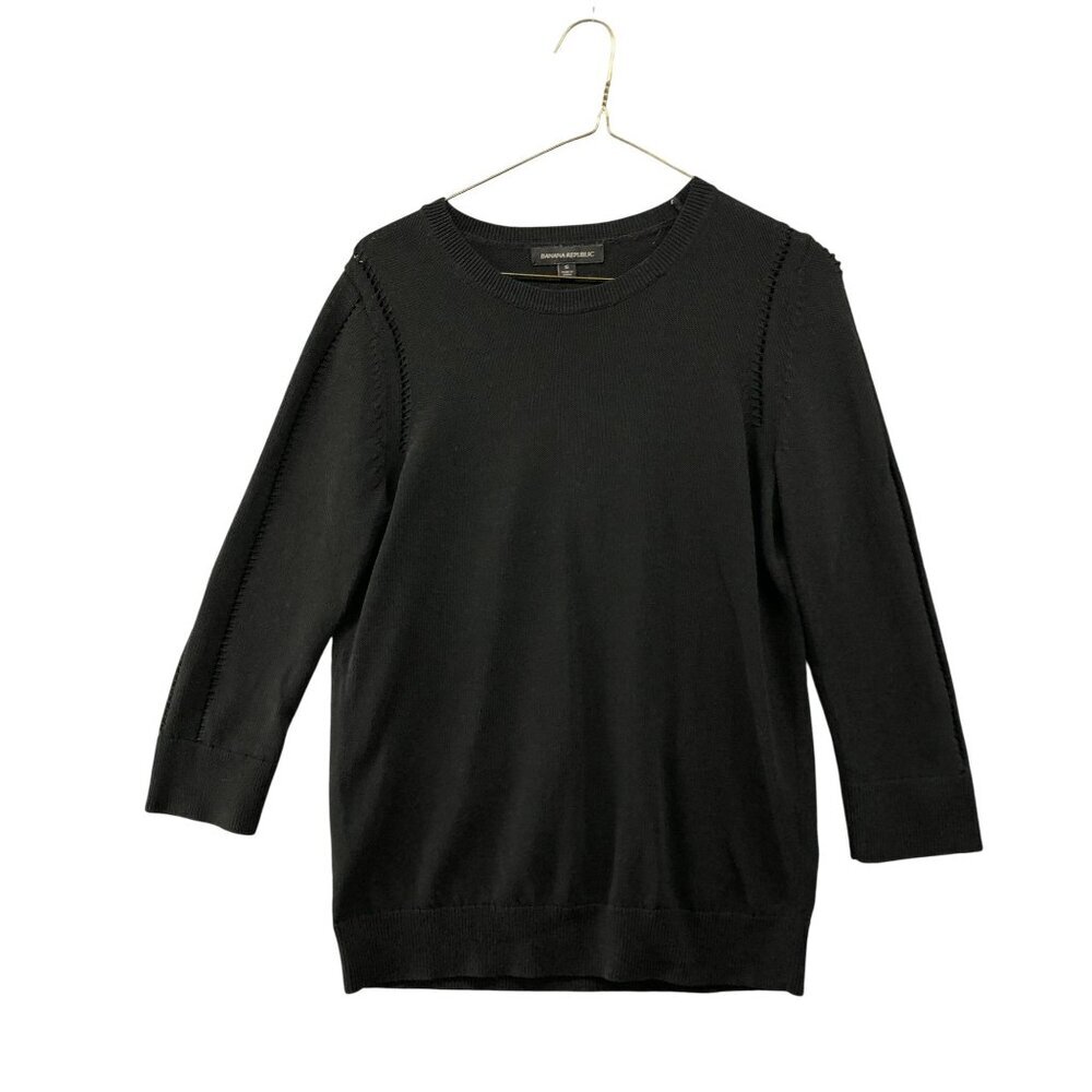 Banana Republic‎ Sweater Womens S Black Pointelle Crewneck Knit 3/4 Sleeve